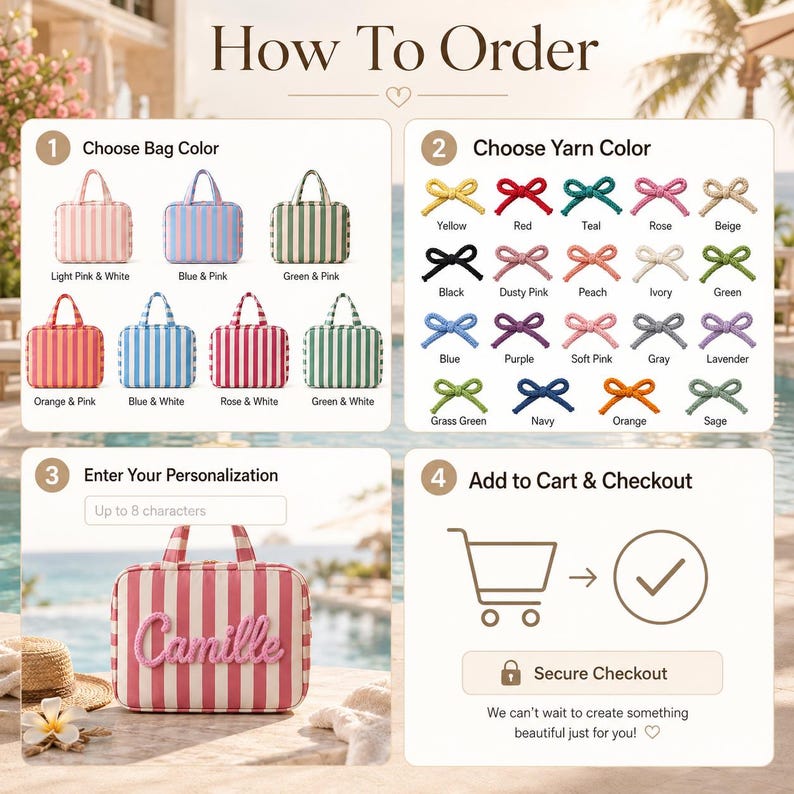 May include: A four-step instructional guide for ordering a personalized striped bag. It displays eight color options for the bag, twenty yarn color choices for the name, a text input field for personalization, and a shopping cart checkout icon.