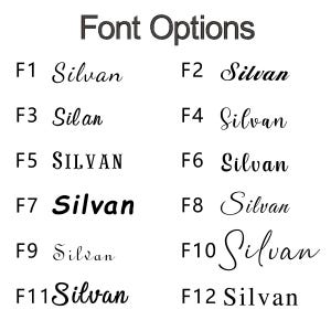 Pu&ograve; includere: Su sfondo bianco, il testo "Font Options" &egrave; visualizzato in un carattere grigio scuro. Sotto, sono mostrate dodici opzioni di stile di carattere, ciascuna etichettata da F1 a F12, con il nome "Silvan" in vari stili di carattere.