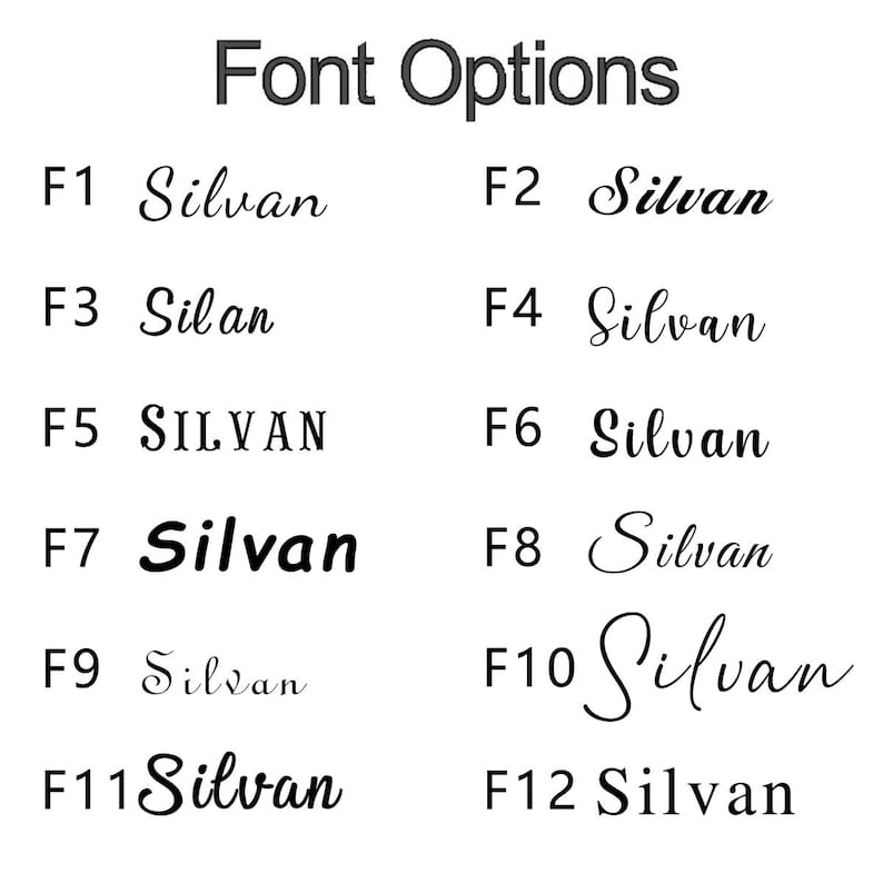 Pu&ograve; includere: Su sfondo bianco, il testo "Font Options" &egrave; visualizzato in un carattere grigio scuro. Sotto, sono mostrate dodici opzioni di stile di carattere, ciascuna etichettata da F1 a F12, con il nome "Silvan" in vari stili di carattere.