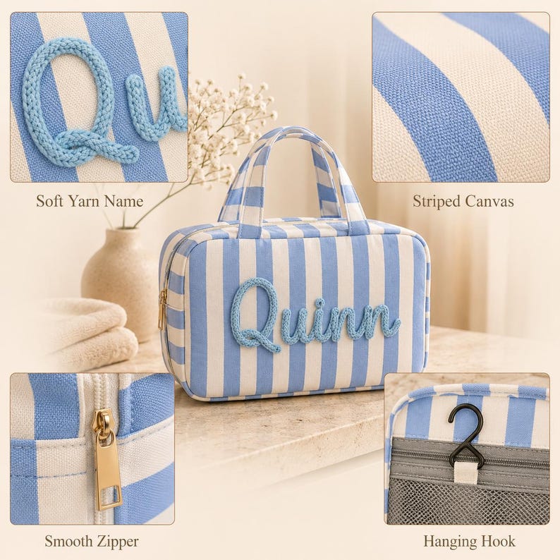 May include: A rectangular toiletry bag made of blue and white striped canvas fabric. The name Quinn is applied to the front in blue yarn lettering. The bag features two top handles, a gold-toned metal zipper, and an internal black hanging hook.