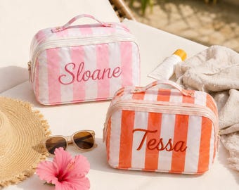 Custom Striped Waterproof Cosmetic Pouch, Personalized Embroidered Makeup Bag with Name, Vacation Travel Pouch, Wedding Party Gifts