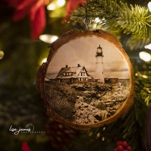 White Christmas. Handmade Maine Birch Wood Christmas Ornaments Portland Head Light in the Winter. SHIPS FREE