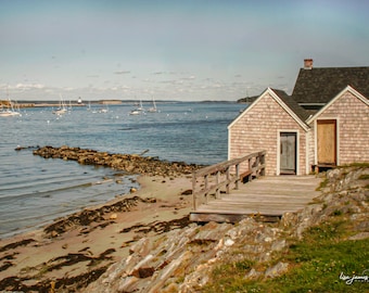 Fishing Shacks at Willard Beach with Spring Point Light in the Distance.  Local Maine Photographer and Artist