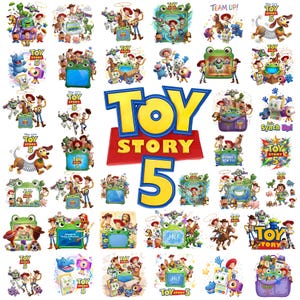 Könnte beinhalten: Eine Sammlung von Toy Story 5 Grafikillustrationen mit Charakteren wie Woody, Buzz Lightyear und Slinky Dog. Die Bilder zeigen verschiedene Szenen mit einem grünen froschförmigen Rahmen, bunten Spielzeugelementen und dem Toy Story 5 Logo.