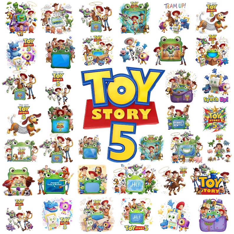 K&ouml;nnte beinhalten: Eine Sammlung von Toy Story 5 Grafikillustrationen mit Charakteren wie Woody, Buzz Lightyear und Slinky Dog. Die Bilder zeigen verschiedene Szenen mit einem gr&uuml;nen froschf&ouml;rmigen Rahmen, bunten Spielzeugelementen und dem Toy Story 5 Logo.