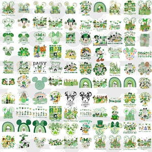 May include: A collection of 36 digital designs featuring Mickey Mouse and Minnie Mouse in various poses and settings. The designs are all themed around St. Patrick's Day and feature shamrocks, rainbows, and other Irish symbols. The designs are perfect for creating t-shirts, mugs, tote bags, and other personalized items.
