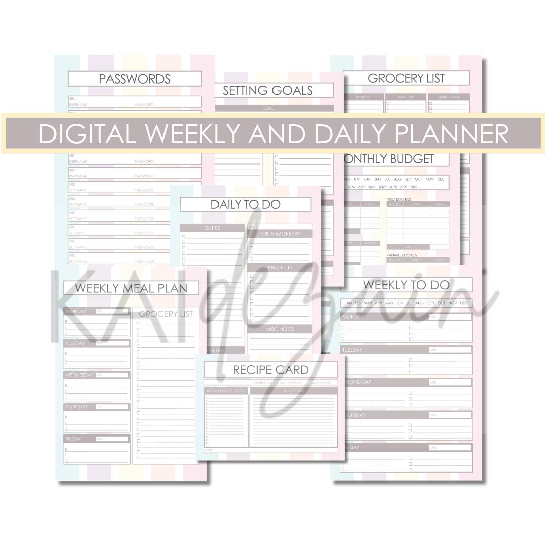 Rainbow Striped Digital Weekly and Daily Planner with Goal, Budget, and Meal Planning Features