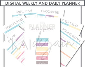 Pastel Rainbow Digital Hyperlinked Weekly and Daily Planner with Goal, Budget, and Meal Planning Features
