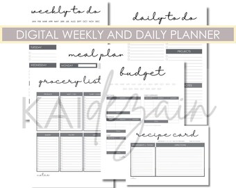 Fancy Black and White Digital Weekly and Daily Planner with Goal, Budget, and Meal Planning Features