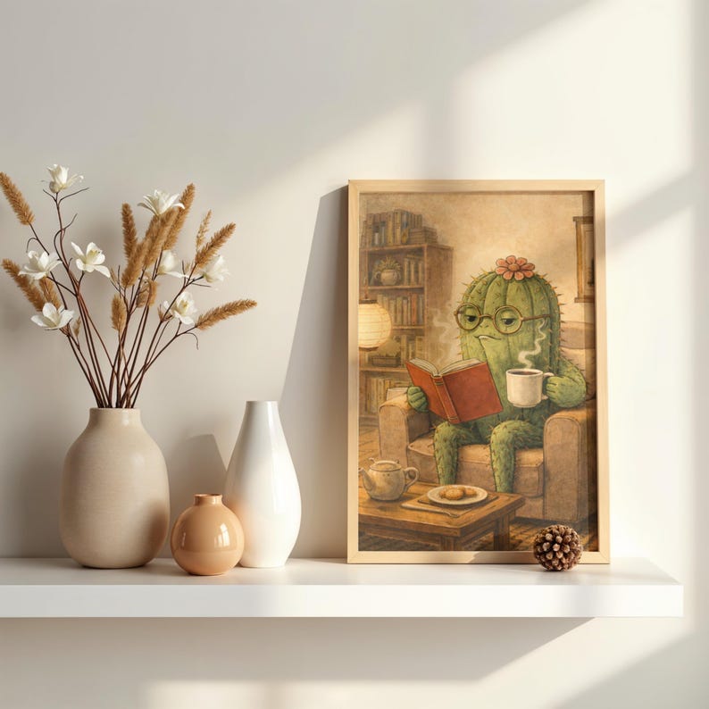 Arte de parede aconchegante com cacto para leitura, ilustração ...