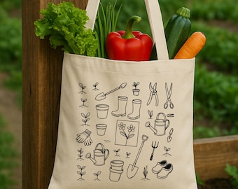 Hand Drawn Gardening Tools Tote Bag, Eco Friendly Farmers Market Bag, Cute Grocery Bag
