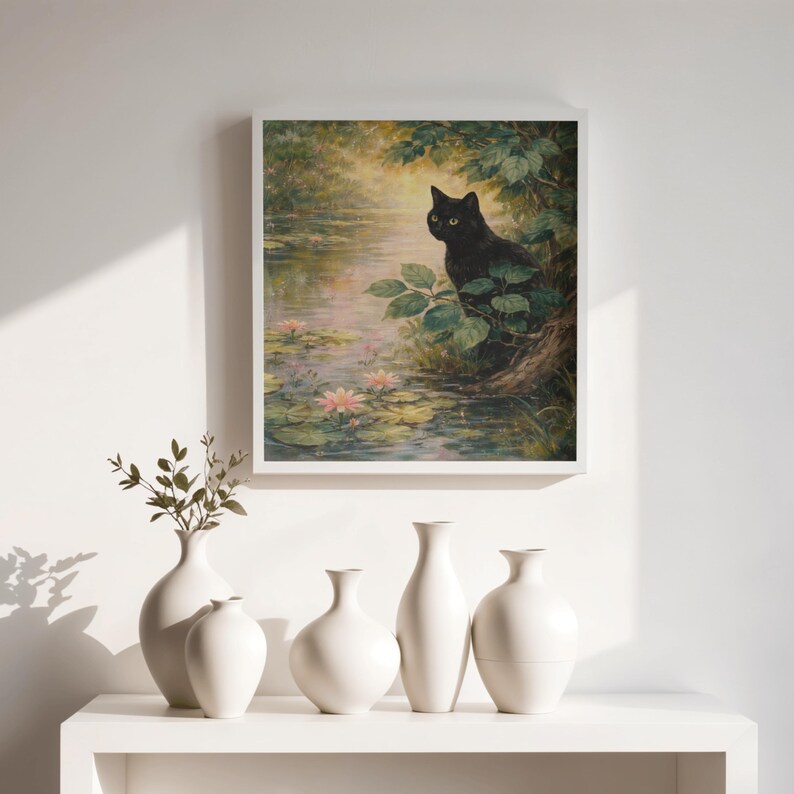 Black Cat Watercolor Painting Print Frmaed, Cottagecore Wall Art ...