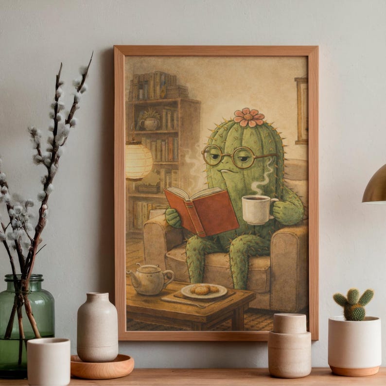 Arte de parede aconchegante com cacto para leitura, ilustração ...
