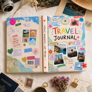 May include: A travel journal with the title "TRAVEL JOURNAL" in colourful letters. The journal is adorned with travel-themed stickers, stamps, and photographs. The spine of the journal reads "collect moments, not things."