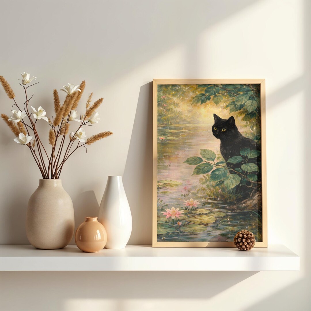 Black Cat Watercolor Painting Print Frmaed, Cottagecore Wall Art ...