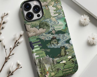 Vintage Frog Pond Collage Phone Case: Dark Cottagecore Nature Art