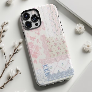 LACEY QUILT Collage Phone Case Floral Lace Blushing Toile De Jouy Patchwork Florals iPhone 16 15 14 Pro Case, Galaxy S24 S23 S22 Pixel 8 Pro