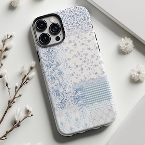 Floral LACEY QUILT Collage Phone Case Coquette Bow, Patchwork Lace Blushing Florals iPhone 16 15 14 Pro Case, Galaxy S24 S23 S22 Pixel 8 Pro