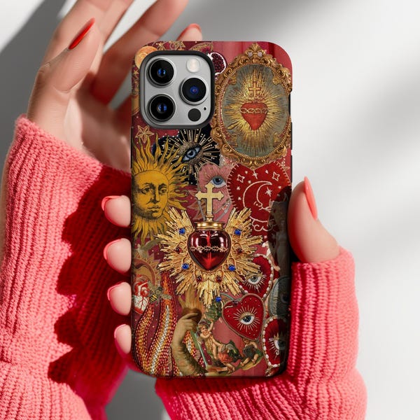 Retro 80s Sacred Heart Phone Case Sun Moon & Stars Magsafe iPhone 17 16 15 14 Pro Case Galaxy S24 S23 Pixel 8