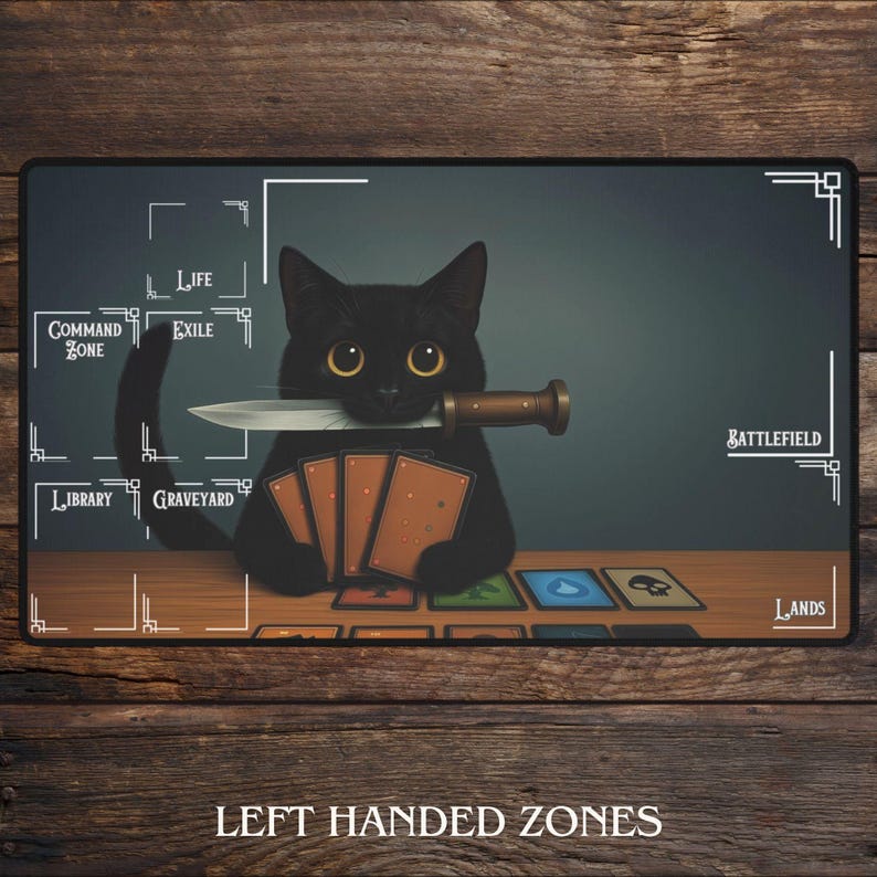 May include: A black cat with yellow eyes holds a knife in its mouth and playing cards in its paws. The image is on a playmat with zones labeled "Command Zone", "Life", "Exile", "Library", "Graveyard", "Battlefield", and "Lands". The text "LEFT HANDED ZONES" is at the bottom.