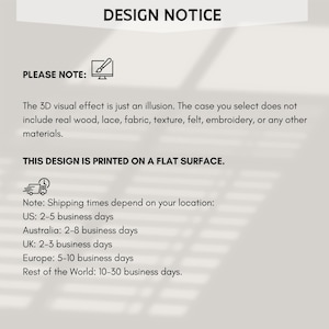 Puede incluir: Aviso de dise&ntilde;o: El efecto visual 3D es solo una ilusi&oacute;n. La carcasa que seleccionas no incluye madera real, encaje, tela, textura, fieltro, bordado o cualquier otro material. Este dise&ntilde;o se imprime en una superficie plana. Nota: Los plazos de env&iacute;o dependen de tu ubicaci&oacute;n: EE. UU.: 2-5 d&iacute;as h&aacute;biles, Australia: 2-8 d&iacute;as h&aacute;biles, Reino Unido: 2-3 d&iacute;as h&aacute;biles, Europa: 5-10 d&iacute;as h&aacute;biles, Resto del mundo: 10-30 d&iacute;as h&aacute;biles.