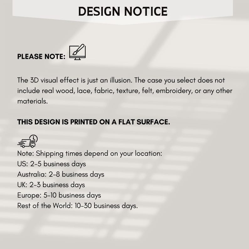 Puede incluir: Aviso de dise&ntilde;o: El efecto visual 3D es solo una ilusi&oacute;n. La carcasa que seleccionas no incluye madera real, encaje, tela, textura, fieltro, bordado o cualquier otro material. Este dise&ntilde;o se imprime en una superficie plana. Nota: Los plazos de env&iacute;o dependen de tu ubicaci&oacute;n: EE. UU.: 2-5 d&iacute;as h&aacute;biles, Australia: 2-8 d&iacute;as h&aacute;biles, Reino Unido: 2-3 d&iacute;as h&aacute;biles, Europa: 5-10 d&iacute;as h&aacute;biles, Resto del mundo: 10-30 d&iacute;as h&aacute;biles.