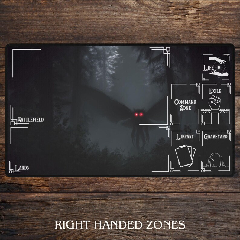 May include: A black playmat featuring a dark forest scene with a large moth-like creature with glowing red eyes. White text indicates zones for gameplay, including "Battlefield" and "Lands". The phrase "Right Handed Zones" is at the bottom.