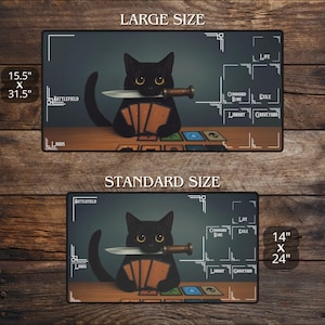 May include: A black cat with yellow eyes and a knife in its mouth is featured on a playmat. The cat holds cards and is surrounded by game zone labels. The large size is 15.5" x 31.5". The standard size is 14" x 24".