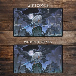 May include: Gaming mat with two designs: "With Zones" and "Without Zones." The mats feature a goose with a sword, set against a night sky with a full moon. The "With Zones" design includes labeled areas for gameplay.