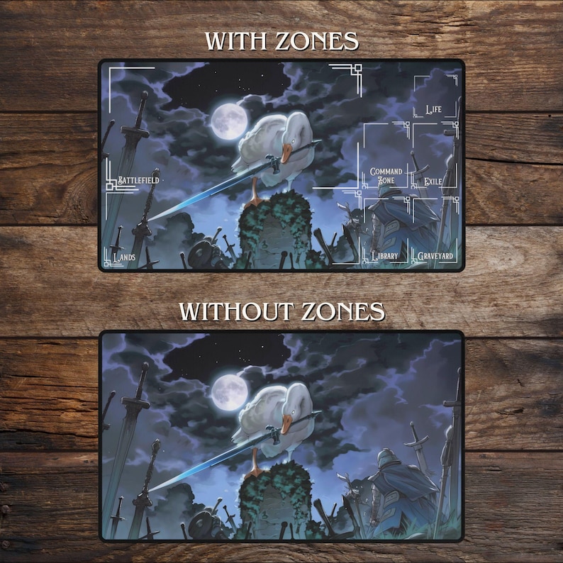 May include: Gaming mat with two designs: "With Zones" and "Without Zones." The mats feature a goose with a sword, set against a night sky with a full moon. The "With Zones" design includes labeled areas for gameplay.