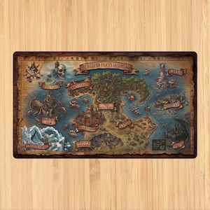 May include: A rectangular, antique-style map depicting "The Accursed Pirate's Archipelago." The map features illustrations of islands, ships, and sea creatures, with labels like "Skull Island" and "Kraken's Maw." The map is framed with a dark brown border.