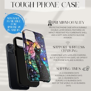 May include: A tough phone case with a colorful stained glass design featuring a black cat and stars. The case is compatible with wireless charging and MagSafe for iPhone 14, 15, and 16 models.