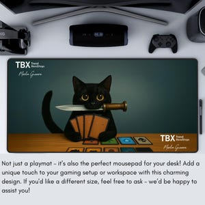 May include: Gaming mousepad featuring a black cat with yellow eyes holding a knife in its mouth and playing cards. The mousepad has the text "TBX Trend BlendShops Marlon Guara".