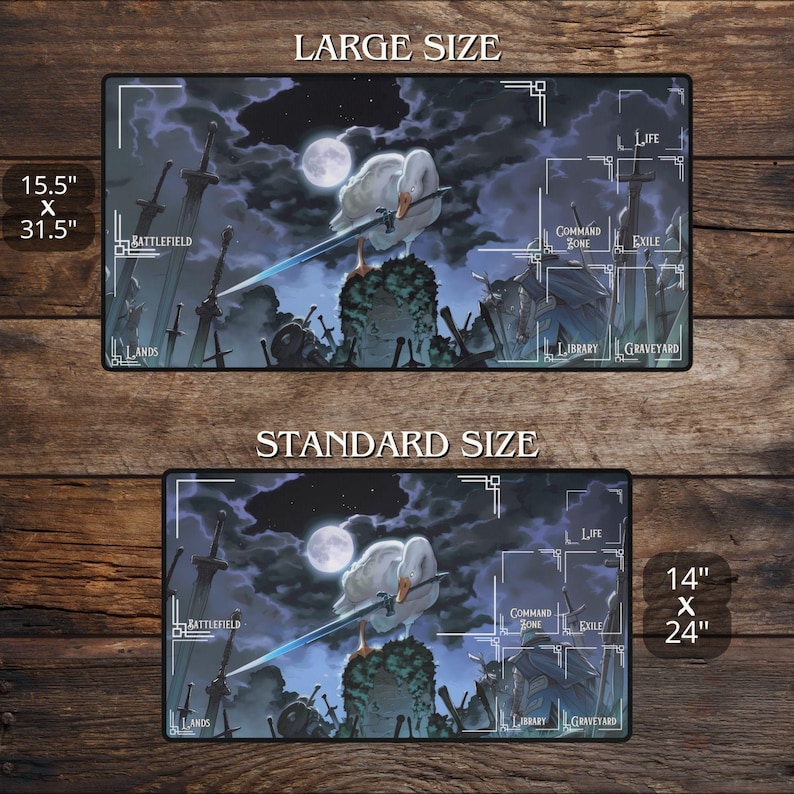 May include: Two gaming playmats, one large (15.5" x 31.5") and one standard (14" x 24"). Each features a goose with a sword, a full moon, and a graveyard scene. Includes zones for gameplay: Battlefield, Lands, Command Zone, Exile, Library, Graveyard.