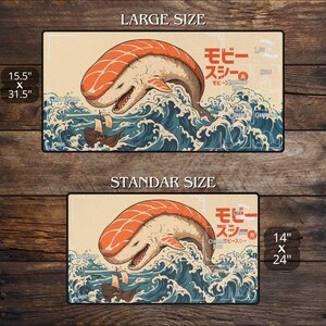 May include: Two rectangular mats with a sushi-themed design. The top mat, labeled "LARGE SIZE" measures 15.5" x 31.5". The bottom mat, labeled "STANDAR SIZE" measures 14" x 24". Each mat features a whale-shaped sushi roll in a sea of waves.