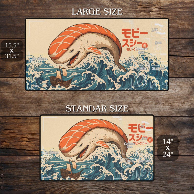 May include: Two rectangular mats with a sushi-themed design. The top mat, labeled "LARGE SIZE" measures 15.5" x 31.5". The bottom mat, labeled "STANDAR SIZE" measures 14" x 24". Each mat features a whale-shaped sushi roll in a sea of waves.