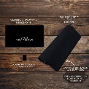 May include: Black rectangular playmat, measuring 61cm x 35.6cm (24" x 14"). The playmat is designed for standard playing cards, with a 3mm thickness and premium stitched edges. The image also shows the text "Super Grippy and Portable".