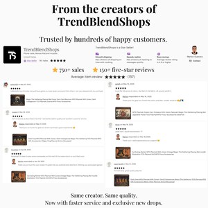 May include: Image showcasing customer reviews for TrendBlendShops, a Star Seller. The image highlights over 750 sales and 150+ five-star reviews, emphasizing customer satisfaction. Text includes the shop's name, product categories, and a promise of faster service and new drops.