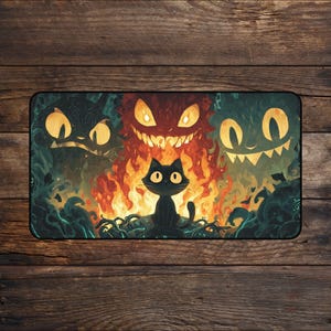 May include: A rectangular desk mat featuring a central black cat sitting before a bright orange fire. Behind the cat are two large, shadowy, grinning creatures with glowing yellow eyes, set against a dark, swirling, and mystical background.