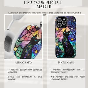 May include: A matching set of phone case and AirPods Max case featuring a stained glass design with a black cat, stars, and rainbow colors.