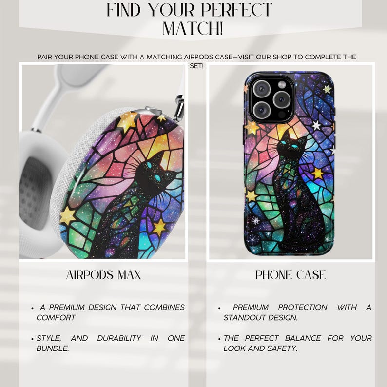 May include: A matching set of phone case and AirPods Max case featuring a stained glass design with a black cat, stars, and rainbow colors.