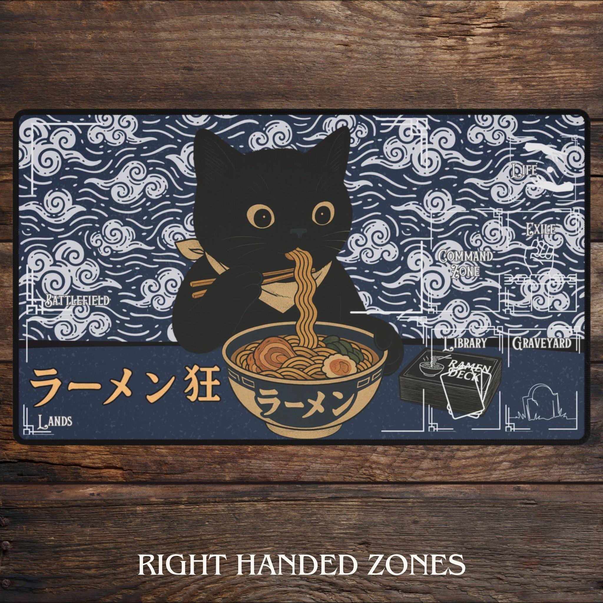 Cat Eating Ramen MTG Playmat With Zones, Funny TCG Playmate