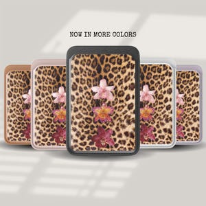 MagSafe Geldbörse Leopard Pink Hibiskus Magnetischer Kartenhalter Animal Print Vegan Leder Brieftasche für iPhone 16 iPhone 14 iPhone 13 Pro 12 MagSafe