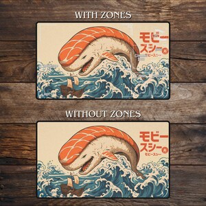 May include: A rectangular graphic featuring a stylized whale-shaped sushi roll in a sea of blue waves. A small sailboat is in the waves. The image includes Japanese text and the words "WITH ZONES" and "WITHOUT ZONES".