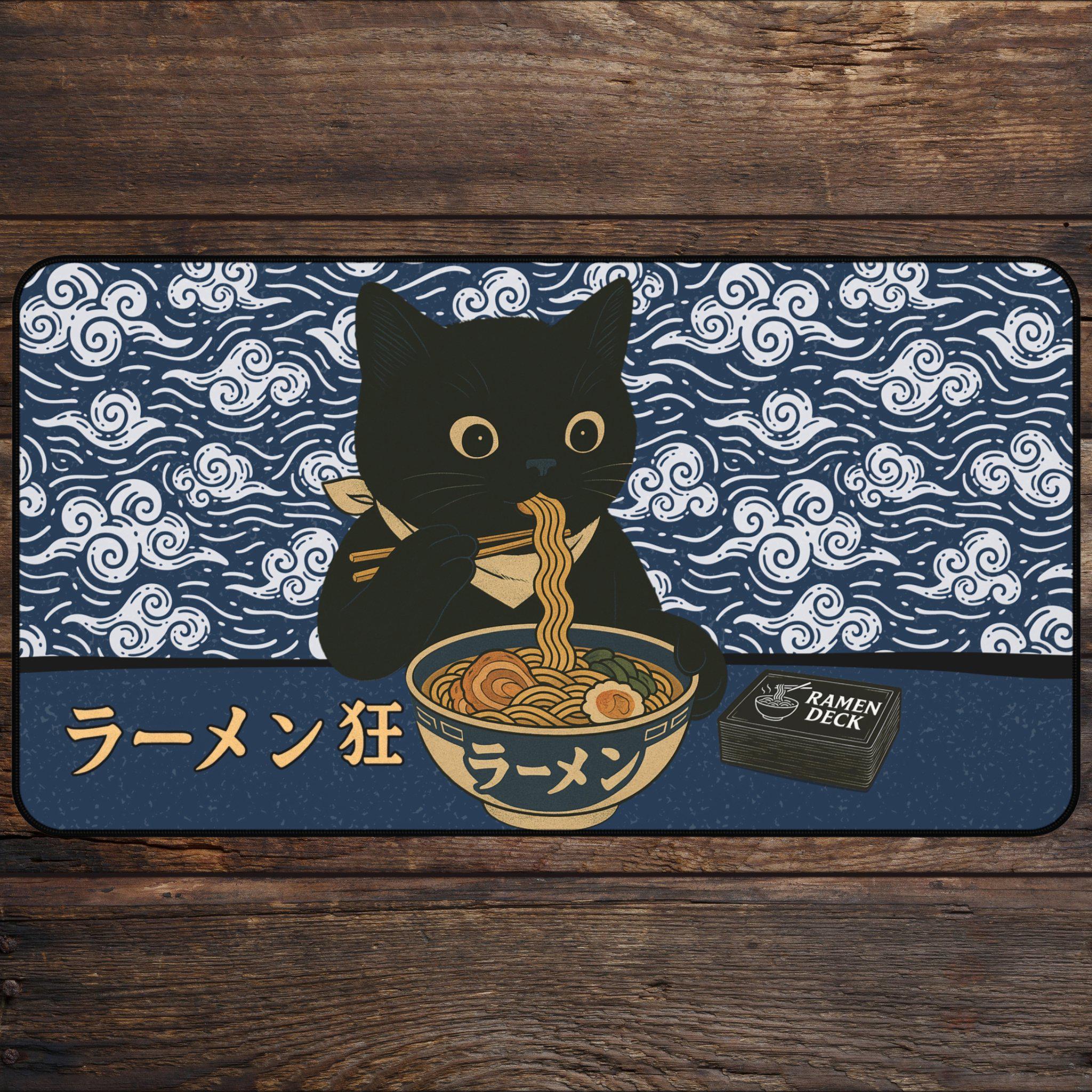 Cat Eating Ramen MTG Playmat With Zones, Funny TCG Playmate