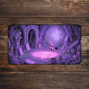 Pode incluir: Um tapete de secretária retangular com uma ilustração em tons de roxo de uma figura encapuzada com um cajado junto a uma poça cor-de-rosa brilhante. A cena inclui ruínas de pedra, uma gárgula e pedras rúnicas espalhadas.