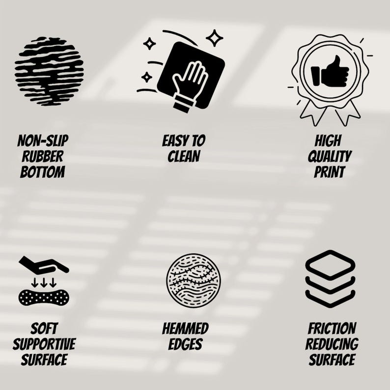 May include: A graphic with icons and text describing product features. The text includes "Non-slip rubber bottom", "Easy to clean", "High quality print", "Soft supportive surface", "Hemmed edges", and "Friction reducing surface".