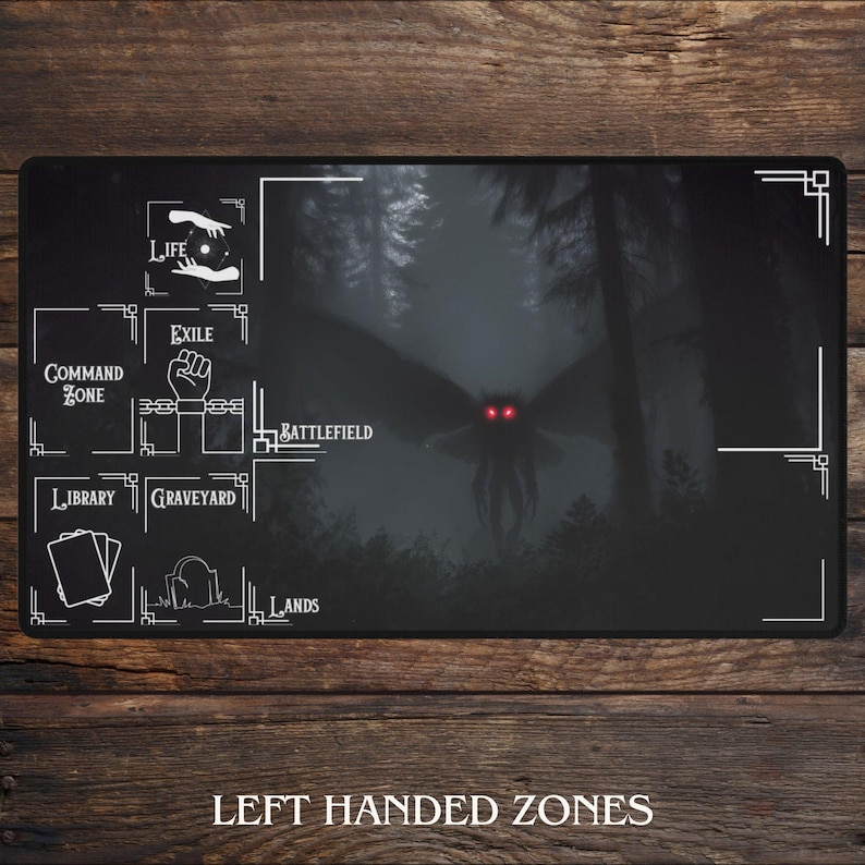May include: Black playmat with a forest scene and a creature with red eyes. White text and graphics indicate zones for a card game, including "Life," "Exile," and "Battlefield." The text "LEFT HANDED ZONES" is at the bottom.
