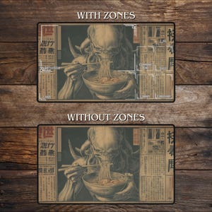 May include: A rectangular playmat with an illustration of a creature eating noodles. The mat has a dark background with Japanese text and zone indicators. The text 'WITH ZONES' and 'WITHOUT ZONES' are visible.
