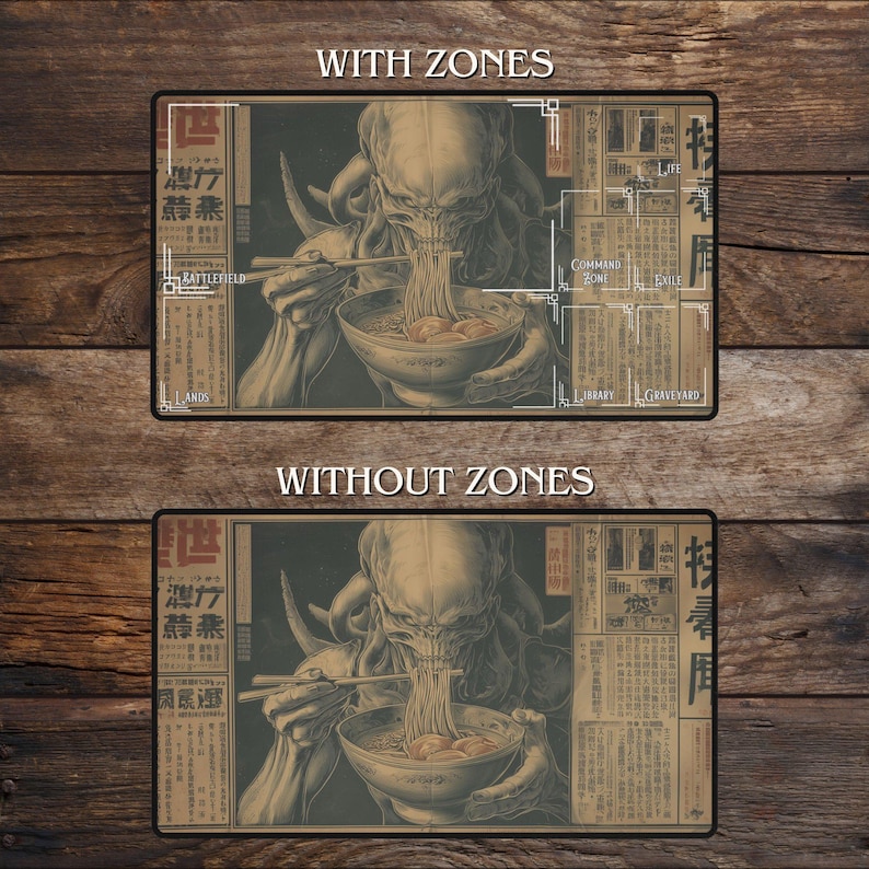 May include: A rectangular playmat with an illustration of a creature eating noodles. The mat has a dark background with Japanese text and zone indicators. The text 'WITH ZONES' and 'WITHOUT ZONES' are visible.